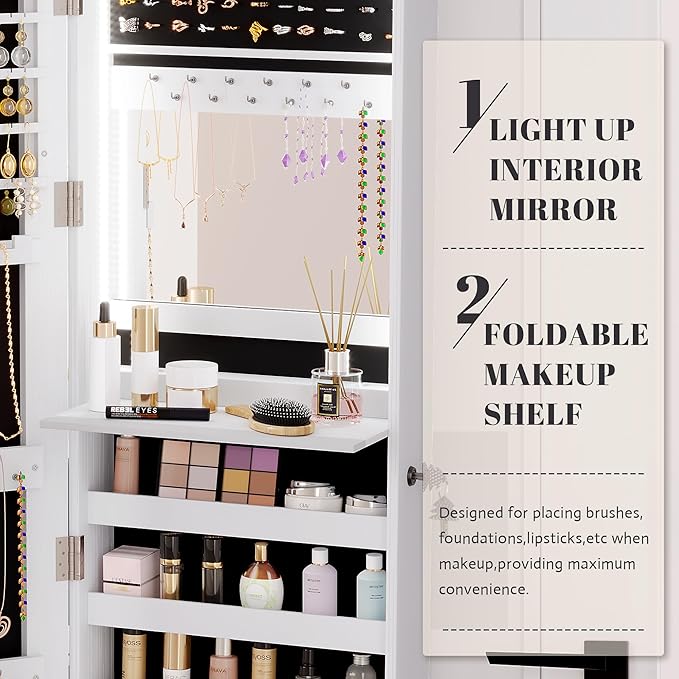 Vlsrka 47.2" LED Jewelry Mirror Cabinet, Wall/Door Mounted Jewelry Armoire Organizer with Full Length Mirror, Large Storage Hanging Cabinet, 4 Drawers, 5 Shelves (White)