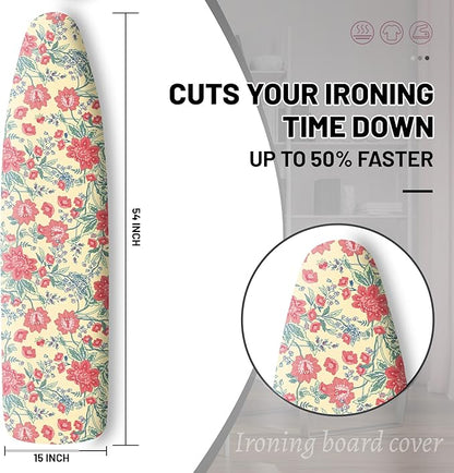 Extra Thick Ironing Board Cover and Pad, Floral Farmhouse 15x54 Ironing Board Cover, Resist Scorching and Staining,Elastic Edges,Vintage Beige