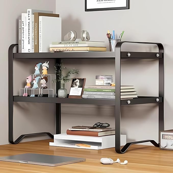 Hbluefat Metal Desktop Shelf Organizer, Small Desk Bookshelf for Home Office, Table Top Storage Shelf, Multipurpose Metal Desk Organizer for Books, Office Supplies, Home Decor (Black, 2 Tier)