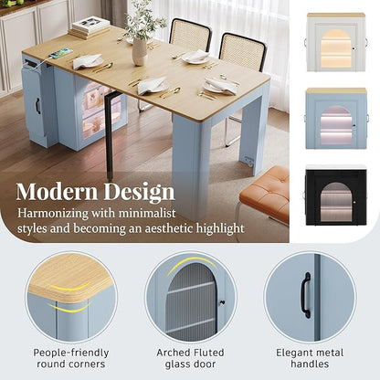 Extendable Dining Table with Storage Cabinet, 15.6" to 59" Rolling Kitchen Island Table with Power Outlet & LED Lights, Space Saving Dining Table for Small Spaces, Blue