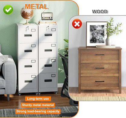 METAN 4 Drawer File Cabinet on Wheels, Lockable Metal Filing Cabinet with Handle and Name Card for Office Home,Assembly Required,White