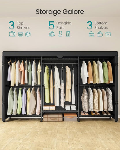 SONGMICS Heavy-Duty Rolling Clothes Rack, Garment Rack, Portable Closet on Wheels, with Adjustable Mesh Shelves and Hanging Rails, Fabric Cover, 15.8 x 86.4 x 76 Inches, Ink Black ULGR437BH01