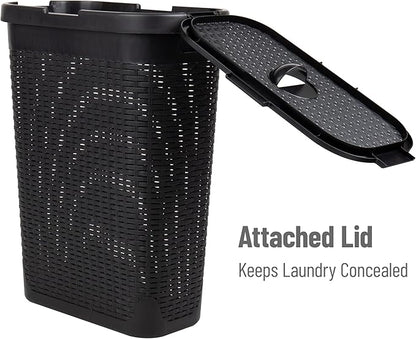 Mind Reader Slim Laundry Hamper with Lid, 40L Clothes Basket, Premium Wicker Design, Plastic, Black