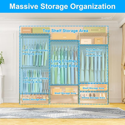 Ulif E13 Heavy Duty Clothes Rack（With 4 Hanger Rods & 8 Shelves） Freestanding Clothing Racks for Hanging Clothes，Adjustable Closet Organizer，Metal Garment Rack 63" W x16 D x77 H，Max Load 900LBS，Gold