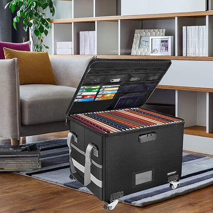 ENGPOW Fireproof Document Box with Wheels, Collapsible File Box with Lock, Rolling File Storage Organizer Filing Cabinet with Pockets, Portable Home Office Safe for Hanging Letter/Legal Folder, 2 Pack