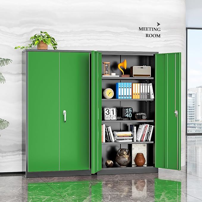 Bonusall Garage Cabinet with Lock, 2 Doors Metal Storage Cabinets with 4 Adjustable Shelves, Lockable Steel Cabinet for Home Office, Warehouse，School(Black Green)