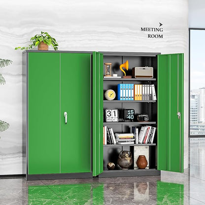 Bonusall Garage Cabinet with Lock, 2 Doors Metal Storage Cabinets with 4 Adjustable Shelves, Lockable Steel Cabinet for Home Office, Warehouse，School(Black Green)