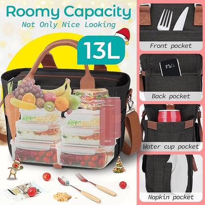 KIPBELIF Cute&Classy Roomy Insulated Lunch Bags for Women - Stylish & Functional Large Tote Adult Lunch Box for Working & Picnic(Extra Large,Classic Black)