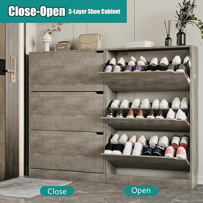 Shoe Storage Cabinet for Entryway with 3 Flip Drawers, Sturdy Wood Hidden Shoe Storage, Freestanding Narrow Slim Shoe Organizer for Front Door Entrance, Living Room, Hallway, Bedroom, Grey
