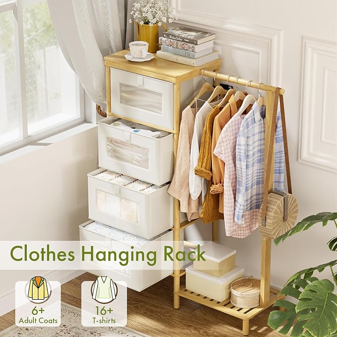 Bamboo Dresser with Hanging Rack, 4-Drawer Small Closet Organizer for Bedroom, Tall Storage Tower with Clothes Rack, Natural Wood 41.4" H x 31.3" W–Space-Saving Design, Easy Assembly
