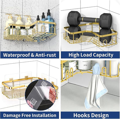 Menbyci 3 Pack Corner Shower Caddy, Adhesive Bathroom Shelves with 18 Hooks, Drill-Free & Quick-Dry Shower Organizer with Large Capacity, Rustproof Stainless Steel Bathroom Corner Storage Rack, Gold