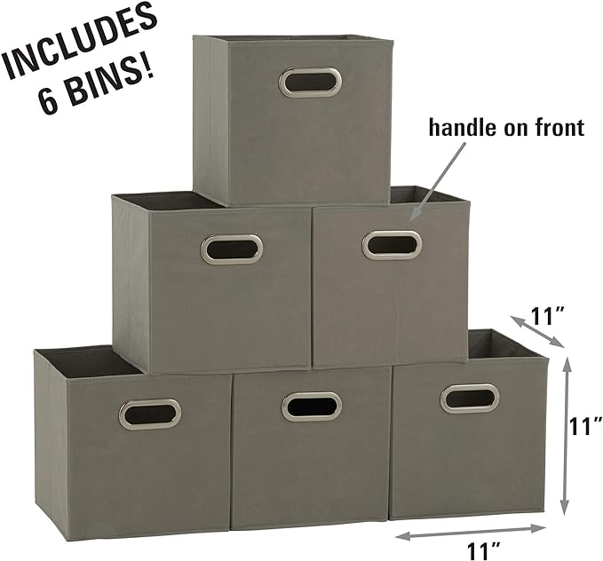 Household Essentials Fabric Storage Bins 6 Piece Set, Strong Poly-Woven Fabric, Sturdy Chipboard Sides, Grommet Front Handle, Stackable and Foldable, Classic Design, Dove Gray