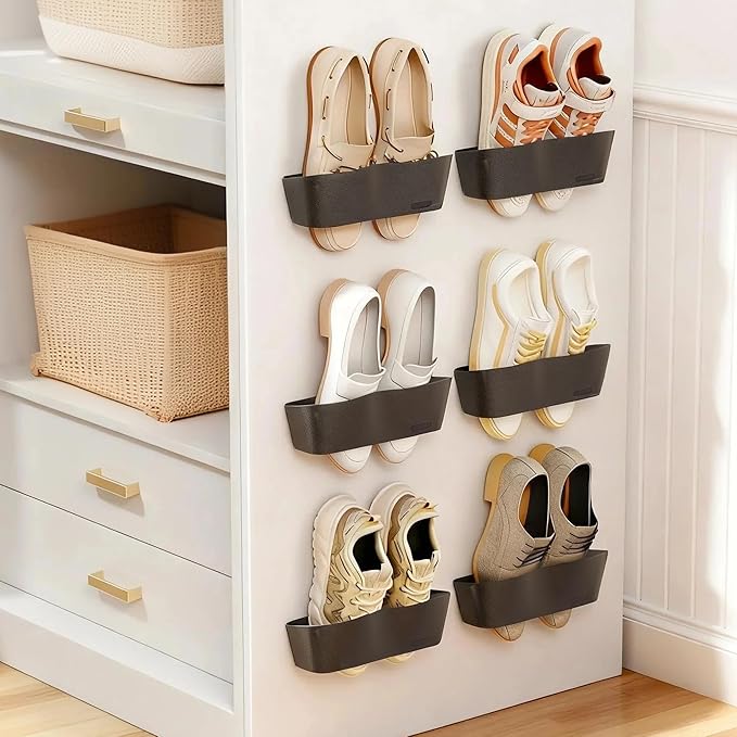 6-Pack Wall Mounted Shoe Rack with Sticky Strips, Space Saving Hanging Shoe Rack, No-Drill Hanging Shoe Shelves, Ideal for RV, Campers, Door, Closet