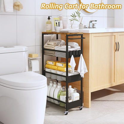 Slim Rolling Utility Cart, 4 Tier Metal Narrow Storage Cart with Handle and Wood Top, Multifunctional Small Mobile Shelf Unit Organizer Trolley for Laundry, Bathroom, Kitchen