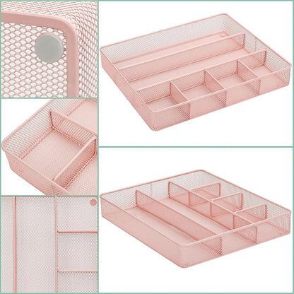 Annova Desk Top Organizer Tray for Office Organization - Metal Mesh - Storage Tray with Dividers for Pens, Desktop Accessories, Bathroom, Kitchen, Makeup and Office Supplies (Large, Light Pink)