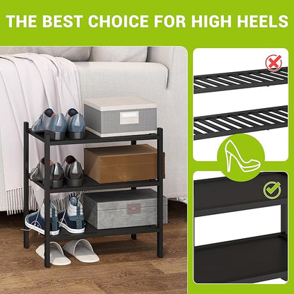 BMOSU 3-Tier Bamboo Small Shoe Rack Premium Stackable Shoe Shelf Storage Organizer for Hallway Closet Living Room Entryway Organizer(Black)