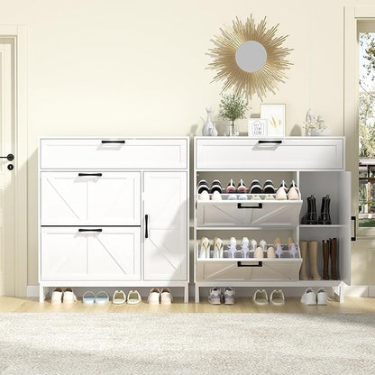 Betterhood Shoe Cabinet for Entryway with 2 Flip Drawers, Slim Freestanding Shoe Rack Organizer, Entryway Shoe Cabinet with Open Storage for Foyer and Hallway, White
