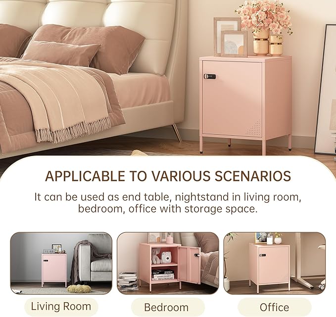 Metal End Table Single Door Bedside Nightstand Lockable Storage Cabinet Kids Locker for Living Room, Bedroom, Dorm,Home, Office 21.26”H X 15.75”W X 15.75”D (1 Door, Pink)