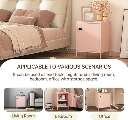 Metal End Table Single Door Bedside Nightstand Lockable Storage Cabinet Kids Locker for Living Room, Bedroom, Dorm,Home, Office 21.26”H X 15.75”W X 15.75”D (1 Door, Pink)