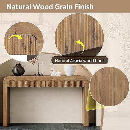 54.3" Rustic Console Table with Fluted Drawer Front,Entryway Table with Curved Corners & Thick Legs,Sturdy Sofa Table for Hallway & Living Room,Natural