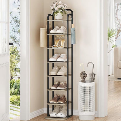 8 Tiers Vertical Shoe Rack, Narrow Shoe Tower, Tall Shoes Shelf with 2 Hooks, Adjustable Shelves, Corner Shoes Shelves for Small Spaces, Entryway, Living Room, Greige SR04305B