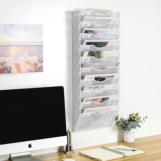 PAG Hanging Wall File Holder Organizer Mail Sorter Literature Rack for Office, 10 Pockets, White