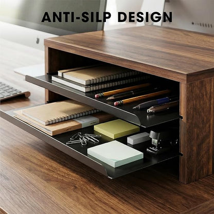Fenge Monitor Stand, 3-Tier Monitor Riser with Slide-Out Tray, Wooden and Metal Desktop Organizer for Home Office, Computer, Laptop, Printer, Telephone