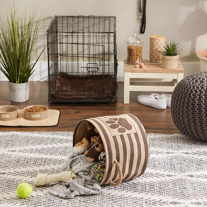 Bone Dry Pet Storage Collection Striped Paw Patch Bin, Small Round, Brown