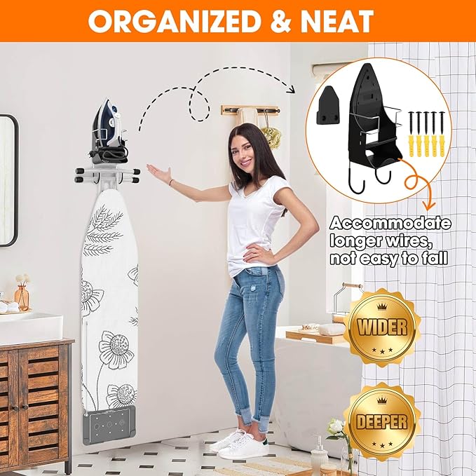 Wall Mount Iron,Ironing Board Hanger for Household Bathroom and Laundry Room, Electric Iron Holder with Hook-for Max 5.4" (Black)