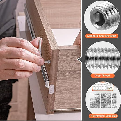 485 Pcs 304 Stainless Steel Set Screws 14 Size Set Screw Assortment Kit M3/M4/M5/M6/M8 Head Socket Hex Metric Cup-Point Screws