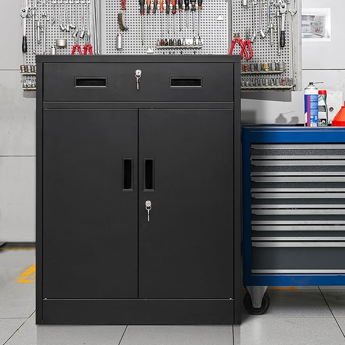 CMY Metal Storage Cabinet, Locking Storage Cabinet with One Drawer and Adjustable Shelf, 36.2" H x 28" W x 16" D Metal Cabinet for Office, Garage, Home-Black