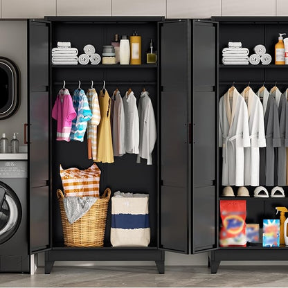 Bonusall 71" Metal Wardrobe,Steel Wardrobe Closet with Hanging Rod & Adjustable Shelves,Metal Storage Cabinet with 2 doors, Decorative Metal Closet with Handles for Bedroom,Home Office Entryway, Black