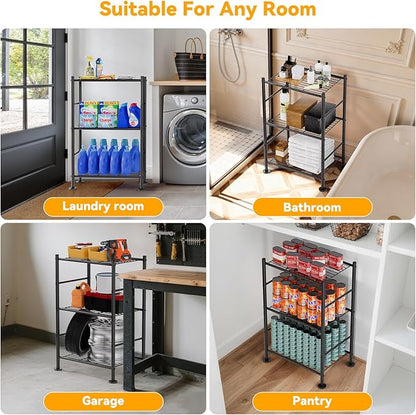3 Tier Shelf Organizer Rack, Metal Shelving Unit with Adjustable Leveling Feet, Space-Saving Storage Shelves for Closet Laundry Bathroom Kitchen Pantry, 18.11" Wx12.6 Dx29.53 H, Black