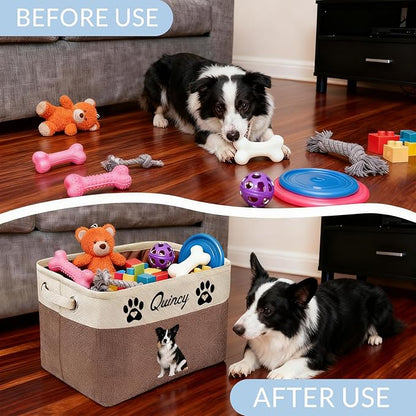 Customized Pet Toy Storage Basket - Personalized Dog & Cat Toy Organizer with Name, Foldable & Durable Fabric Bin for Pet Supplies, Organizer for Toys, Coats, Clothing, Blankets Blue