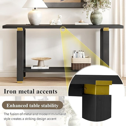 62.9" Modern Minimalist Console Table, Solid Wood Entryway Sofa Table with Metal Accents, 2-Tier with Open Shelf and Built-in Shelf for Living Room, Hallway (Black-J22)