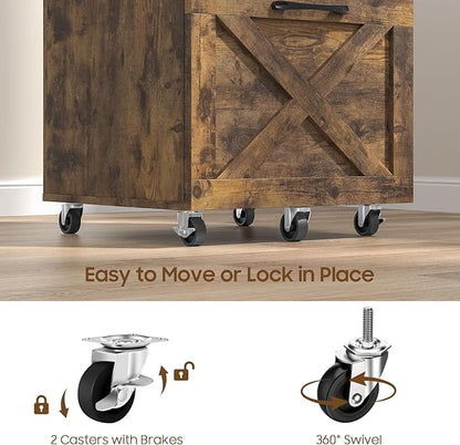 2 Drawer Small File Cabinet with Wheels, Farmhouse Vertical Filing Cabinet Fits A4 or Letter Size, Under Desk Rolling File Cabinets for Home Office, Wooden Printer Stand, Brown