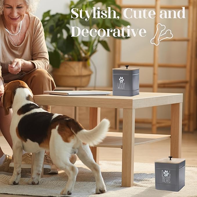 PERFNIQUE Dog Treat Container, Airtight Dog Treat Jar Set of 2, Dog Cookie Jar for kitchen Counter, Pet Treat Container, Dog Treat Canister and Storage, 7.8x6.2 & 7.3x5.5(Grey)