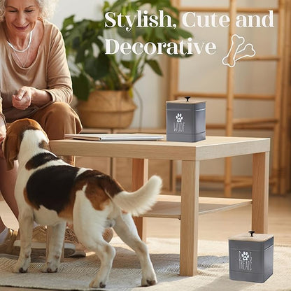 PERFNIQUE Dog Treat Container, Airtight Dog Treat Jar Set of 2, Dog Cookie Jar for kitchen Counter, Pet Treat Container, Dog Treat Canister and Storage, 7.8x6.2 & 7.3x5.5(Grey)