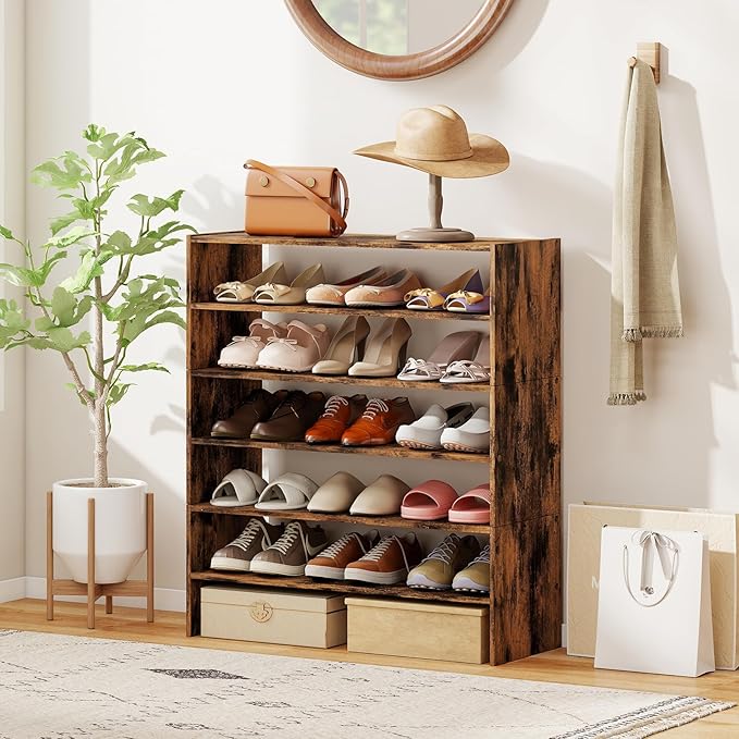 COSTWAY 6-Tier Shoe Rack, Extra Wide Shoe Shelf Organizer with Stackable Design, 31" Freestanding Adjustable Storage Shoe Stand for Small Space Entryway Hallway Closet (1,Rustic Brown)