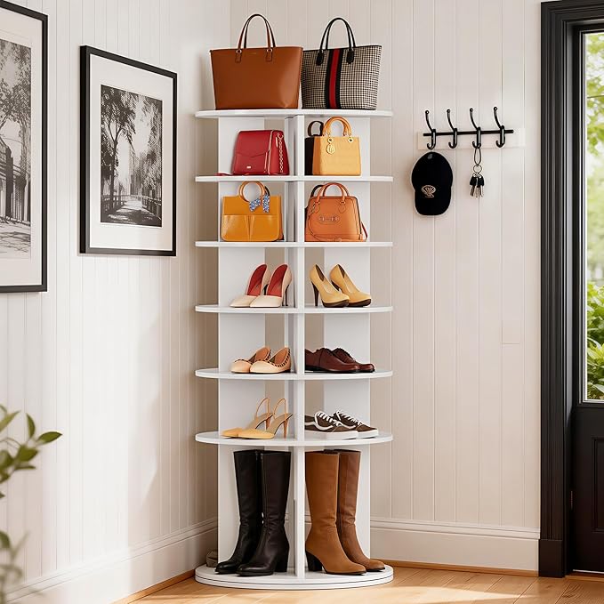JUMMICO Rotating Shoe Rack Tower, 6-Tier Vertical Closet Storage Organizer for Shoes, Handbags & Tall Boots, 360° Spinning Lazy Susan Base, Space-Saving for Bedroom & Closet (White)