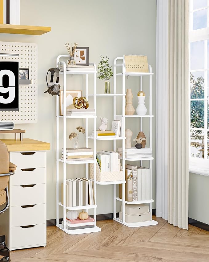 8 Tiers Vertical Shoe Rack, Narrow Shoe Tower, Tall Shoes Shelf with 2 Hooks, Adjustable Shelves, Corner Shoes Shelves for Small Spaces, Entryway, Living Room, White SR04313W