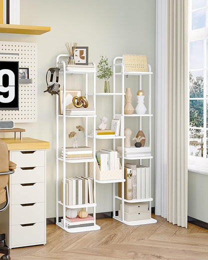 8 Tiers Vertical Shoe Rack, Narrow Shoe Tower, Tall Shoes Shelf with 2 Hooks, Adjustable Shelves, Corner Shoes Shelves for Small Spaces, Entryway, Living Room, White SR04313W