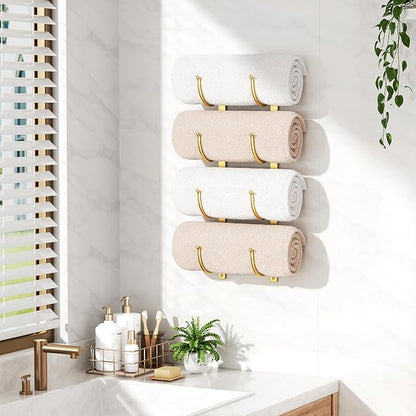 Bathroom Rolled Towel Rack: 4-Tier Wall Mounted Towel Storage Holder, Hanging Organizer for Towels, Blankets, Large Bath Sheets, Space Saving in RV, Closet, Toilet, Cabinet, Gold