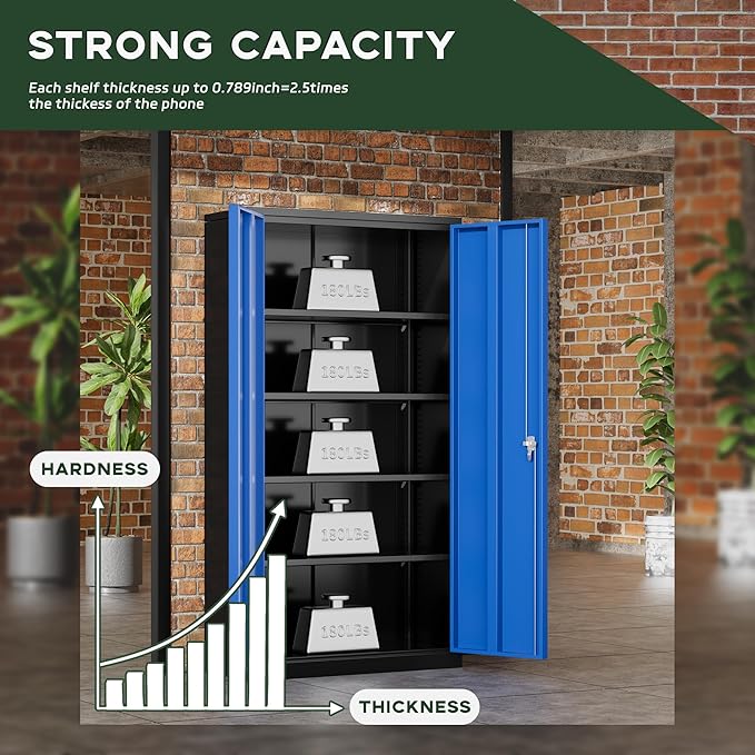 Greenvelly Metal Garage Storage Cabinet, 72" Black Blue Tool Steel Locking Cabinet with Doors and 4 Shelves, Tall Cabinets for Garage Storage Systems Lockable File Cabinet for Home Office,Garage