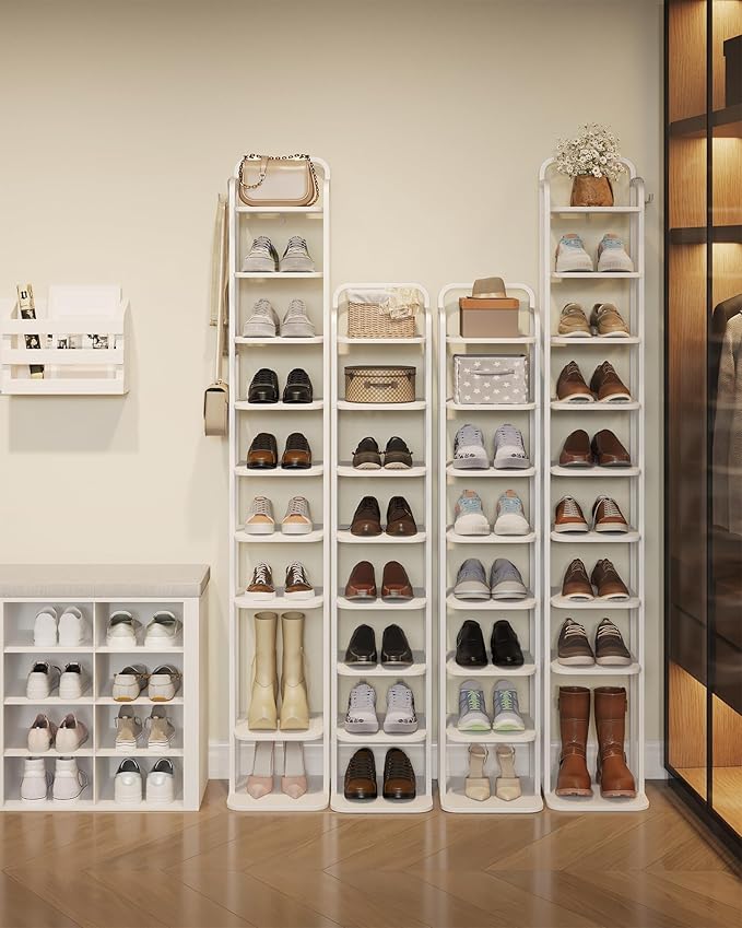 8 Tiers Vertical Shoe Rack, Narrow Shoe Tower, Tall Shoes Shelf with 2 Hooks, Adjustable Shelves, Corner Shoes Shelves for Small Spaces, Entryway, Living Room, White SR04313W