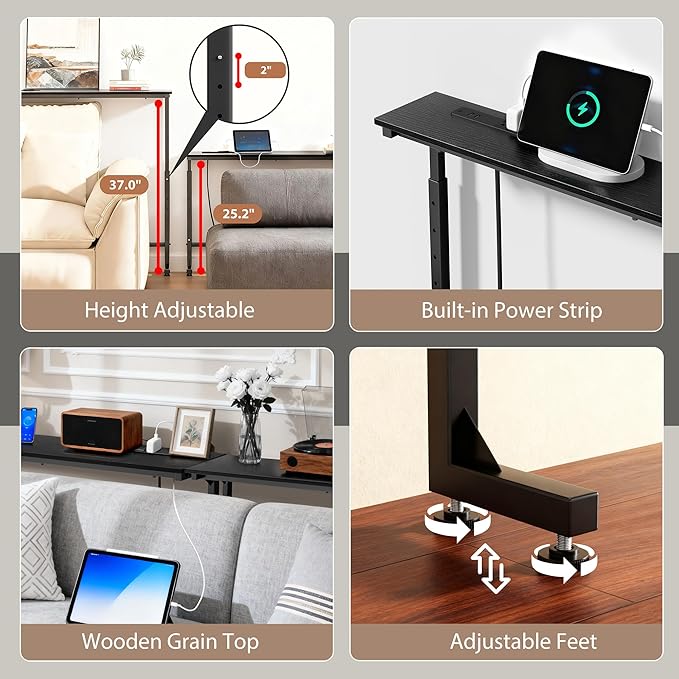 35 inch Narrow Console Table with Outlet,Adjustable Height(25"-37") Behind Sofa Table,Couch Behind Table Skinny,Couch Shelf with Charging Station,Long Entryway Tables for Living Room,Black