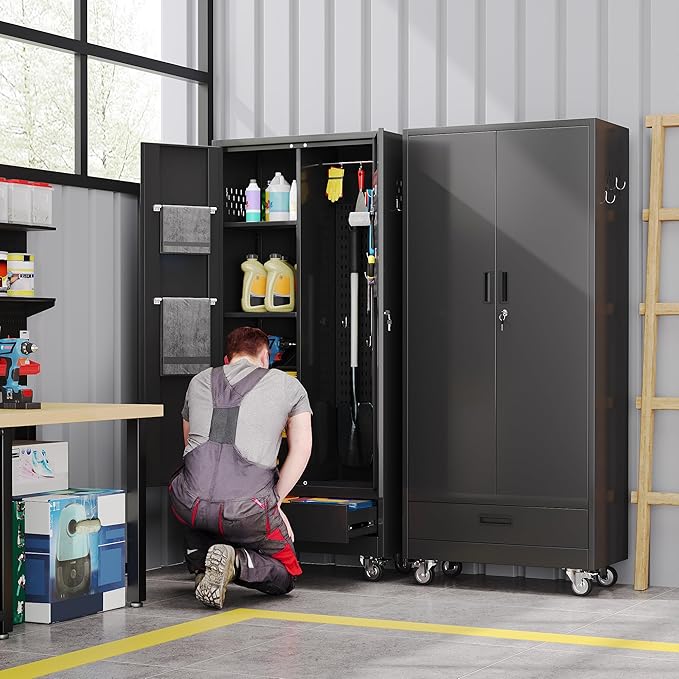 Broom Closet Storage Cabinet with Wheels and Drawer,Garage Storage Cabinet with Magnetic Doors,Pegboard and Adjustable Shelves for Garage Home,Required Assembly,Black