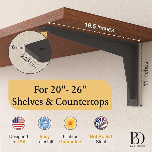 2 Pack Heavy Duty Shelf Brackets 20 Inch Mantel Decorative L Bracket for Shelves, Metal Shelf Support Bracket, Wall Mounted Granite Countertop Iron Corbels, Floating Black Shelving Brackets