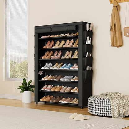 VTRIN Shoe Rack with Cover, 7 Tier Shoe Organizer Storage for 35-40 Pairs Shoes and Boots Large Capacity Tall Shoe Shelf with 8 Pockets Free Standing Shoe Rack for Closet, Entryway, Garage