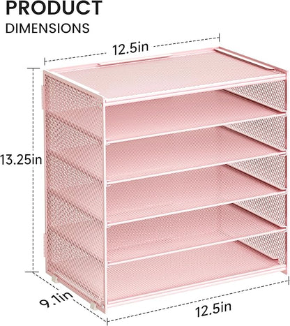 2 Pack 6 Tier Paper Organizer, Metal Mesh Desk File Folder, Letter Tray Organizer, Paper Sorter Desk Organizers for Office, Home or School File Folder Holder - Pink (Pink-2pack)